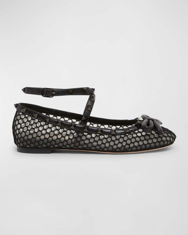 Rockstud Net Ankle-Strap Ballerina Flats